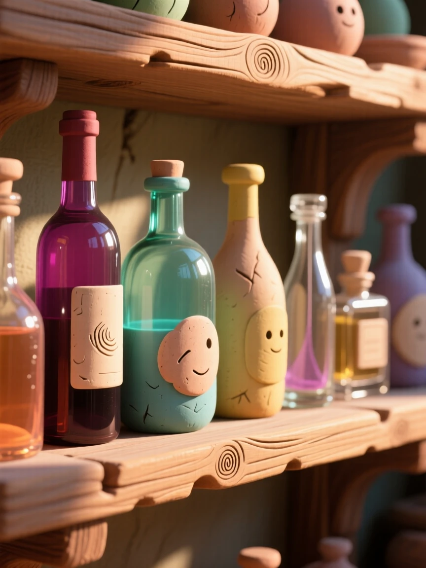 A collection of colorful glass bottles catching sunlight on a shelf
