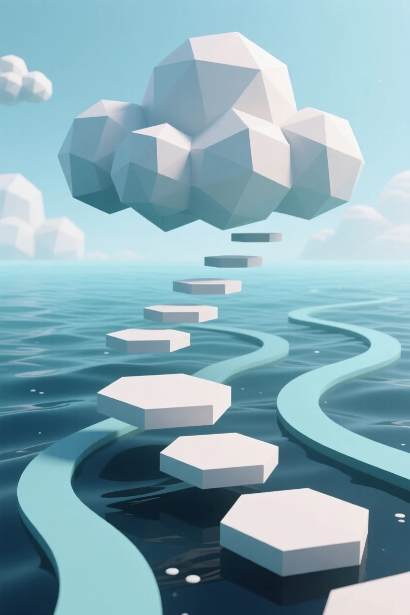 A dreamy cloudscape with floating stepping stones, beneath deep blue underwater currents. rich color gradients enhance the dreamlike atmosphere. The mood feels futuristic and full of possibility.