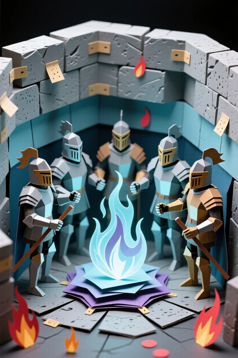 A band of armored knights summoning glowing magic within a stone chamber, with embers drifting through the air, evoking otherworldly beauty.
