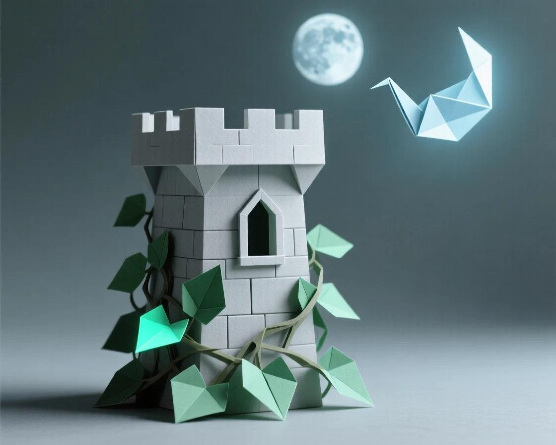 A castle tower wrapped in blooming ivy that glows faintly under the light of two moons.