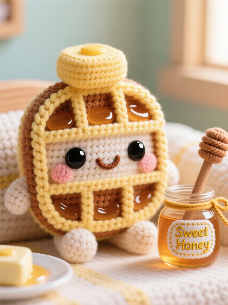 a happy waffle character, with syrup pooling in each square, is shown topped with a pat of butter on a cozy breakfast nook bathed in morning light beside a small jar of honey with a wooden dipper, capturing bright, appetizing cheerfulness.