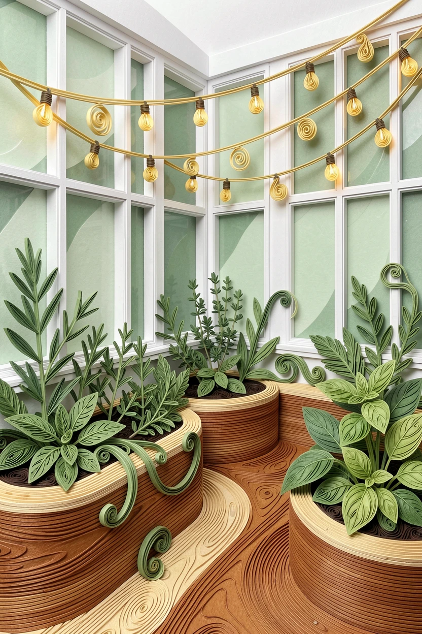 A relaxed modern lifestyle scene of a rooftop garden filled with herbs and string lights in a modern loft with large windows, in a fresh palette of white, sage green, and warm wood tones, framed with a vibrant, energetic sense of movement.