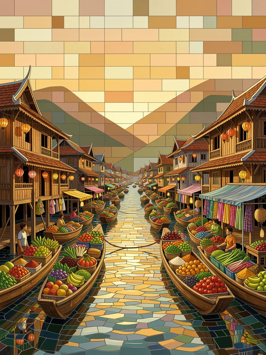 A breathtaking wide-angle view of the floating markets of a lush Southeast Asian river town, with rich warm lighting and fine architectural detail.