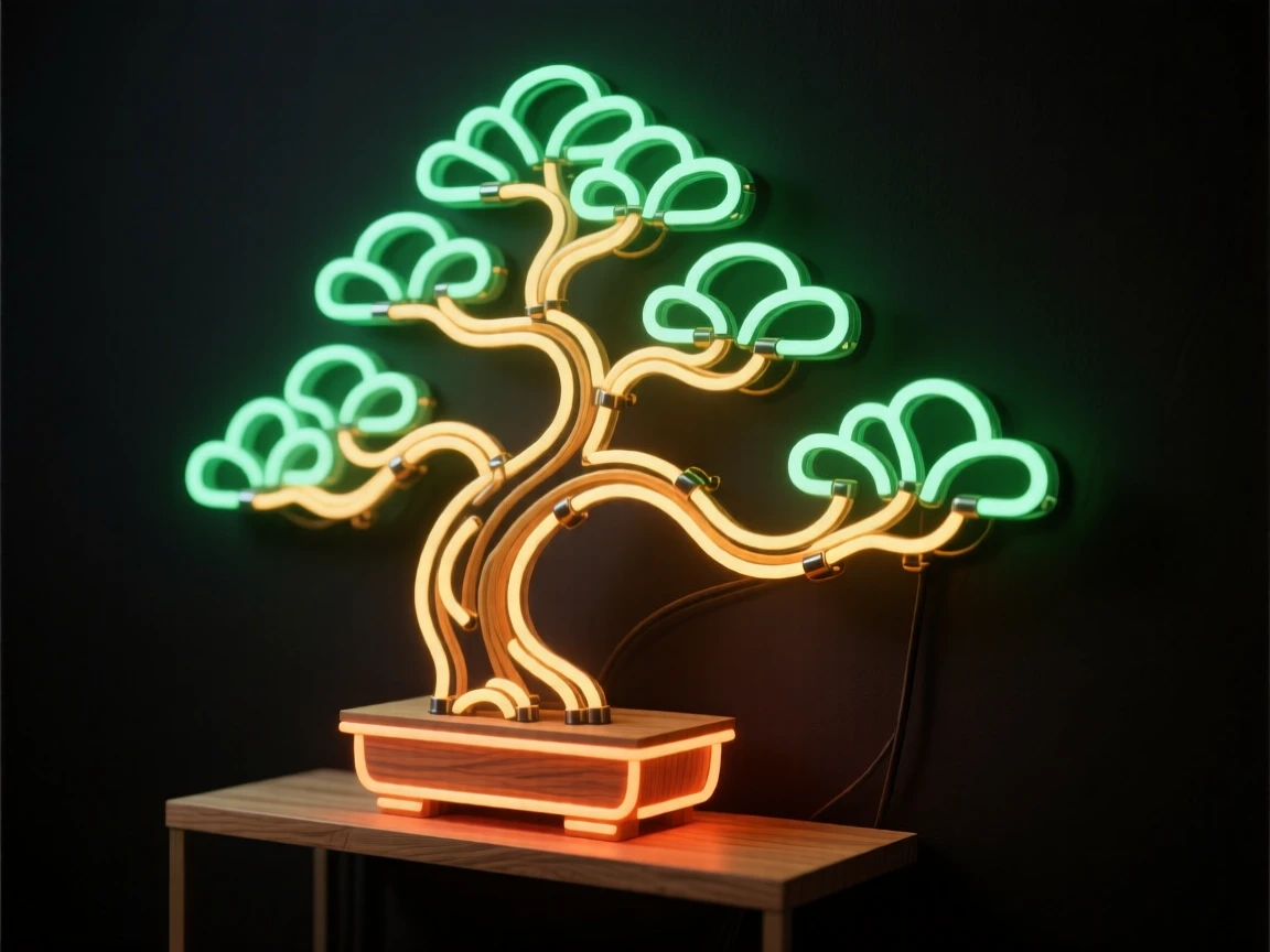 A bonsai tree carefully shaped on a wooden display stand.