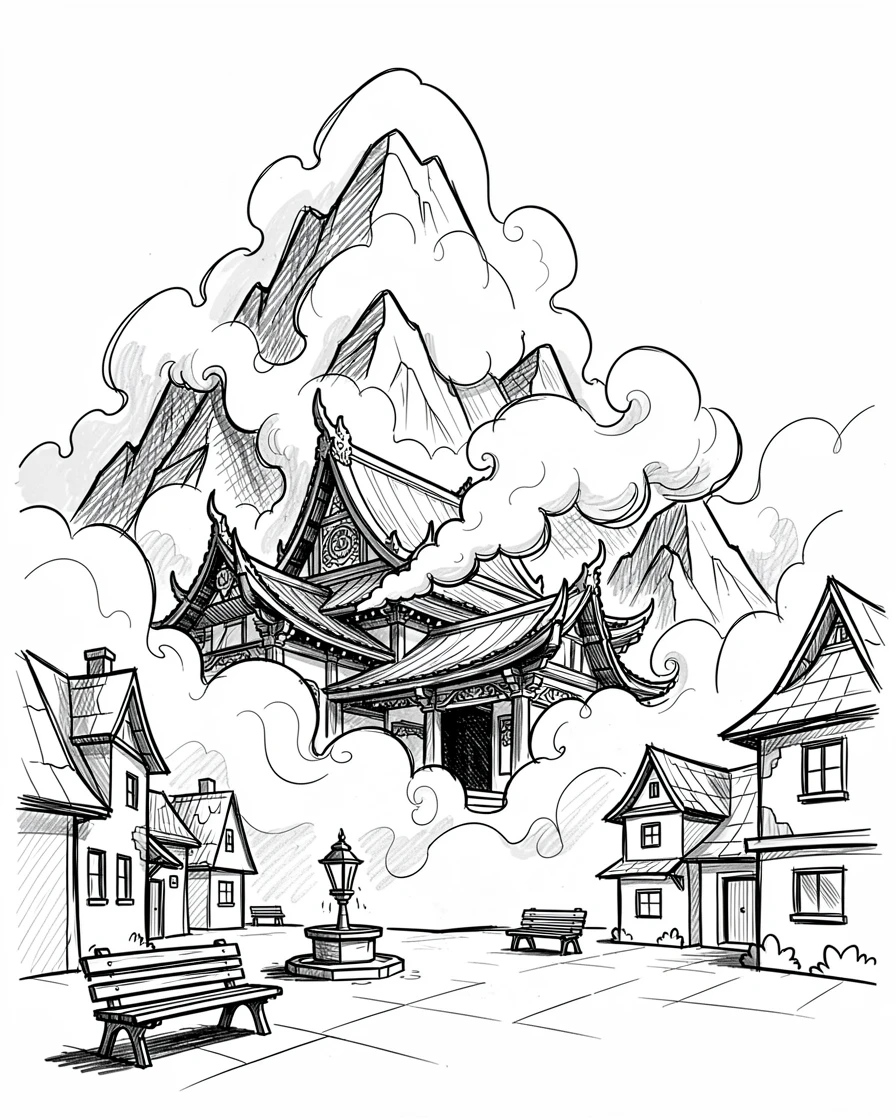 A mountain temple wrapped in fog beside a quiet village square.
