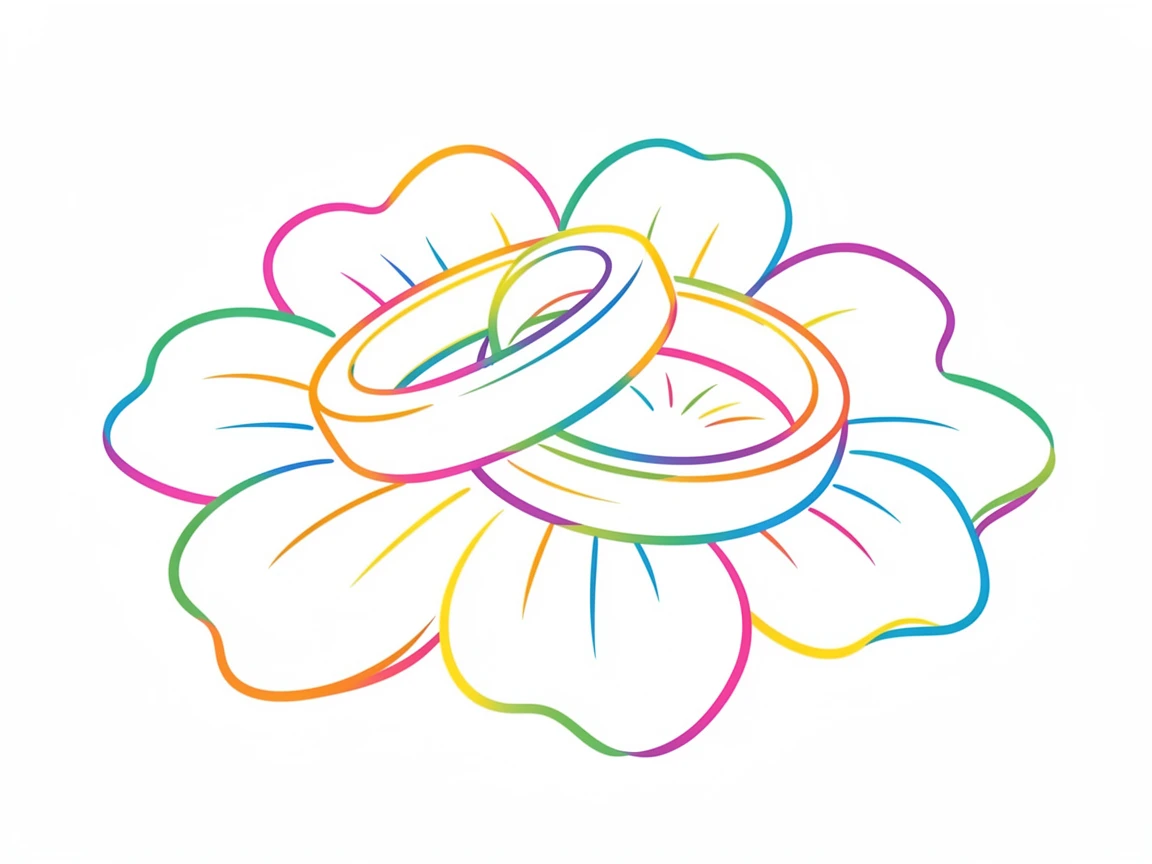 A pair of interlocking rings resting on a bed of soft flower petals.