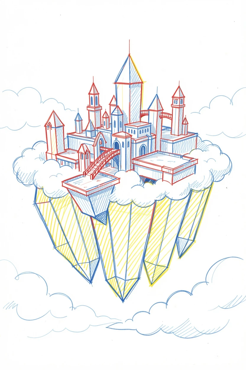 A floating city suspended by giant glowing crystals above the clouds