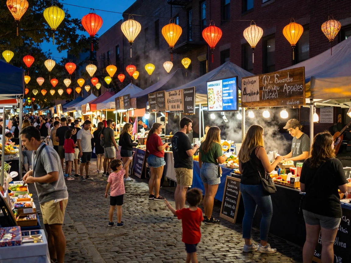 A bustling night market lit with strings of colorful lanterns