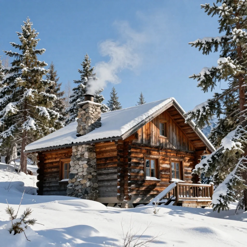 A snowy mountain hut sends a thin curl of smoke into a clear blue sky.