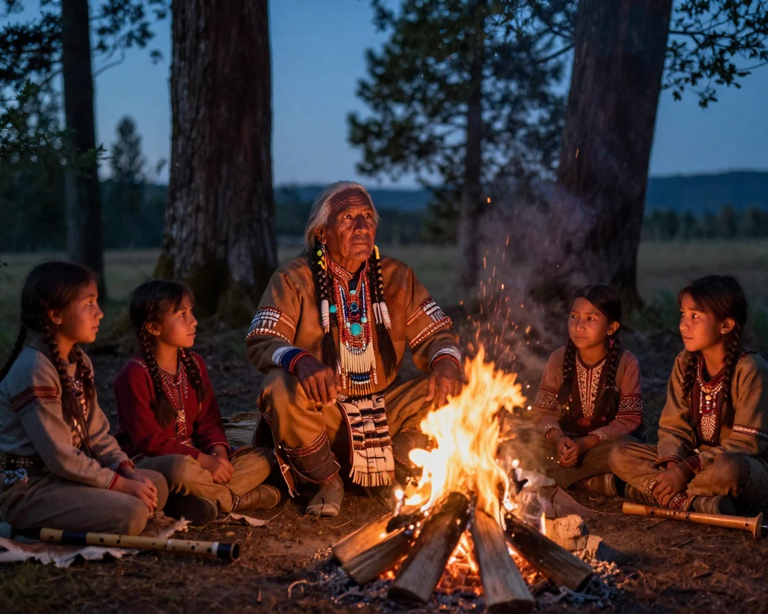 A tribal elder in traditional dress teaching children ancient stories around a fire