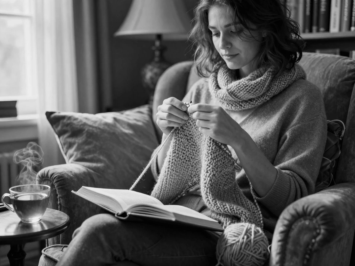 A knitter loops yarn into a warm scarf in a cozy reading nook.