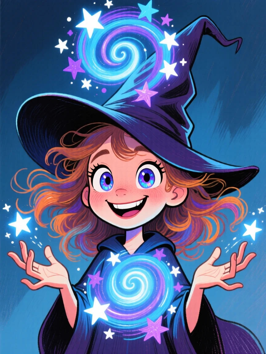 A young sorceress summoning a swirling vortex of stars above her open palms.