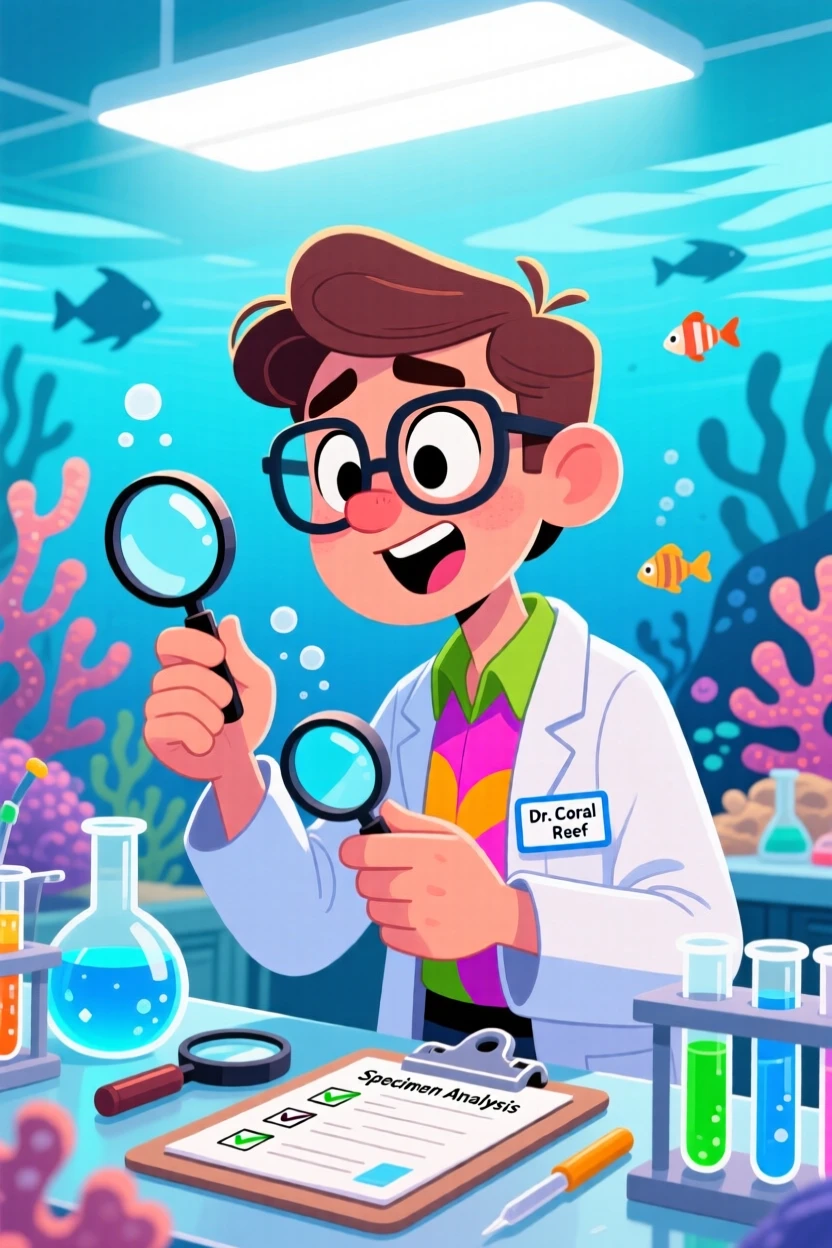 A vibrant profession-themed portrait of a passionate marine biologist carefully double-checking every last detail, under bright overhead lights.