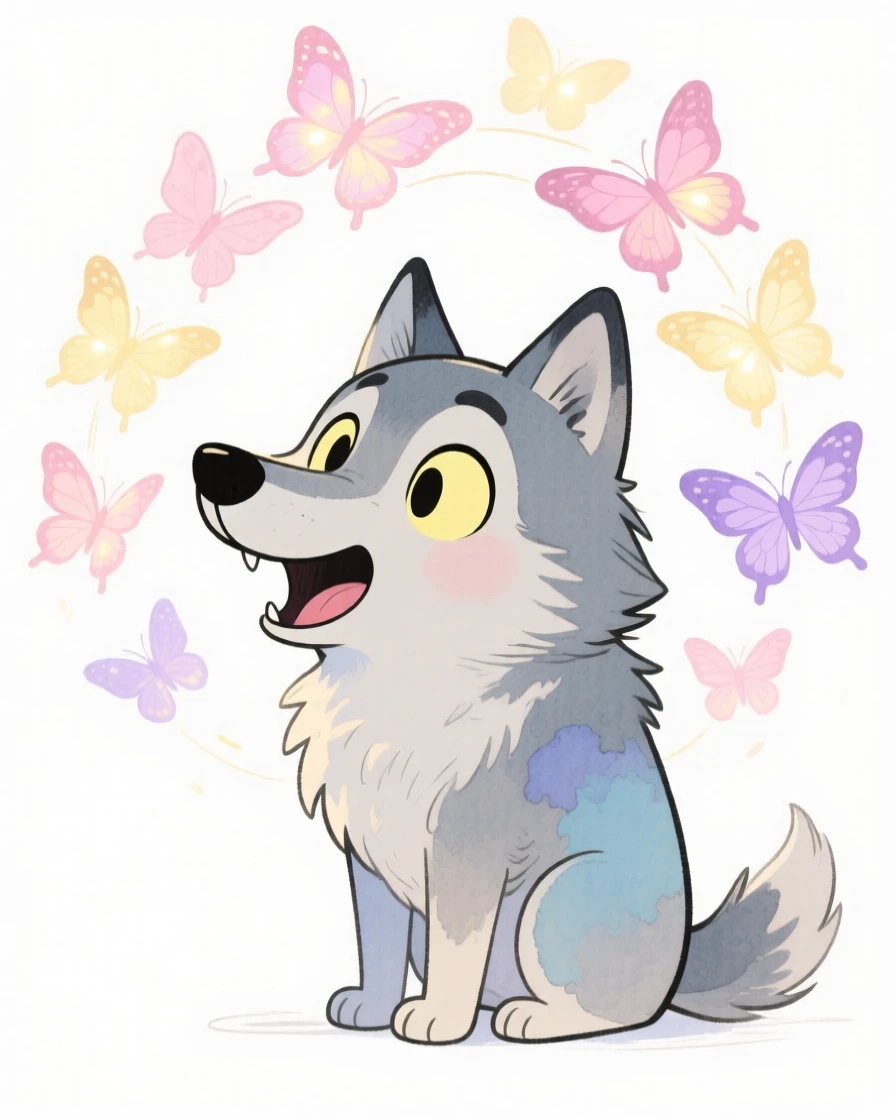 A talking wolf companion summoning a flock of glowing butterflies