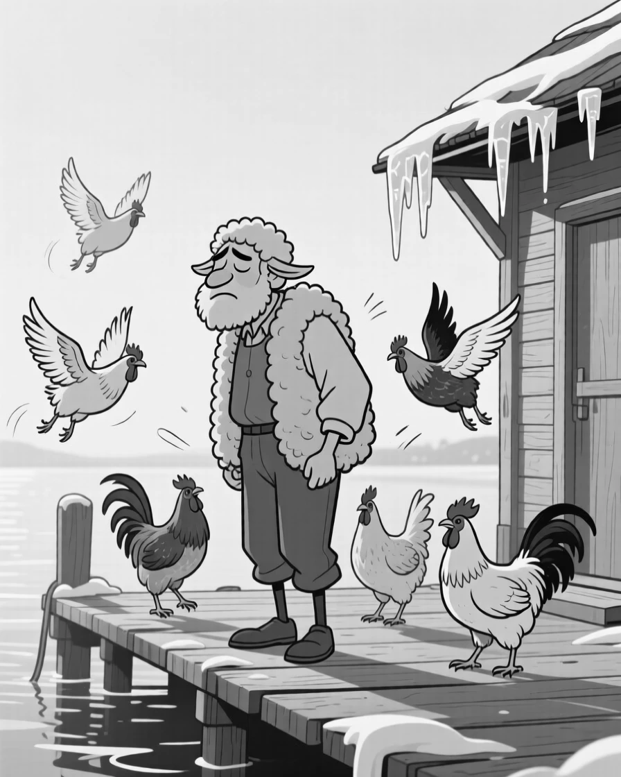 A shepherd counting sheep with an exaggerated squint, getting swarmed by hungry, flapping hens, set on a quiet dock at golden hour. Icicles hang from the eaves nearby. The image feels like a breath of fresh outdoor air.