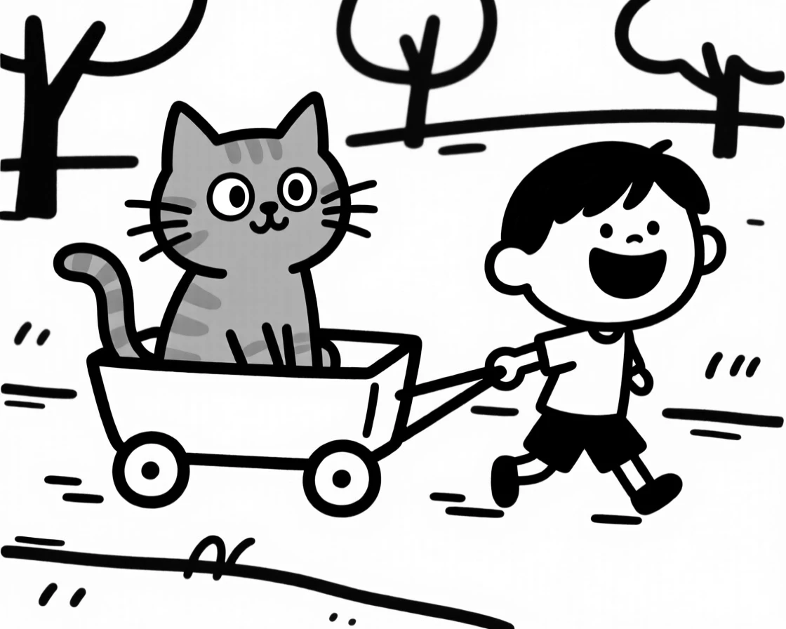 A orange tabby kitten sitting in a wagon being pulled through a park by a delighted kid.