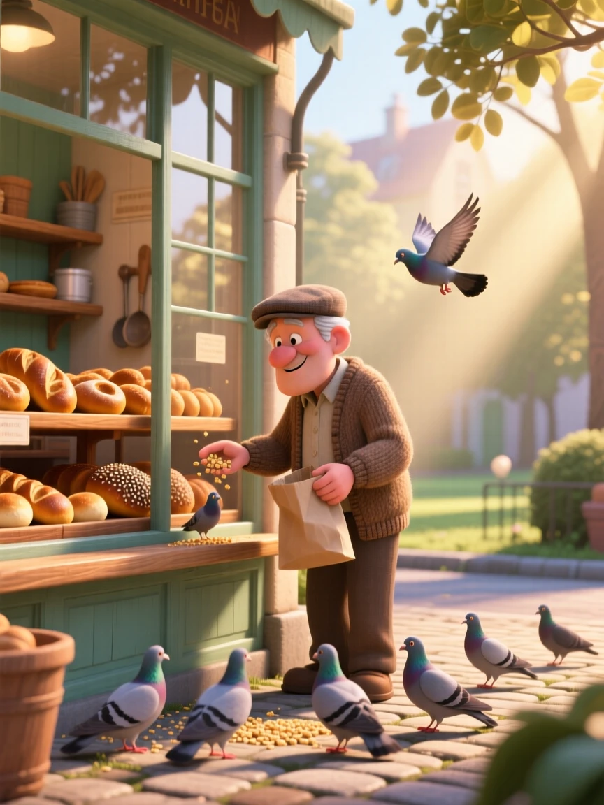 An elderly man feeding pigeons in a park is captured in a cozy corner bakery early in the morning, with fresh bread cooling on a nearby rack. The mood is calm, familiar, and quietly delightful.