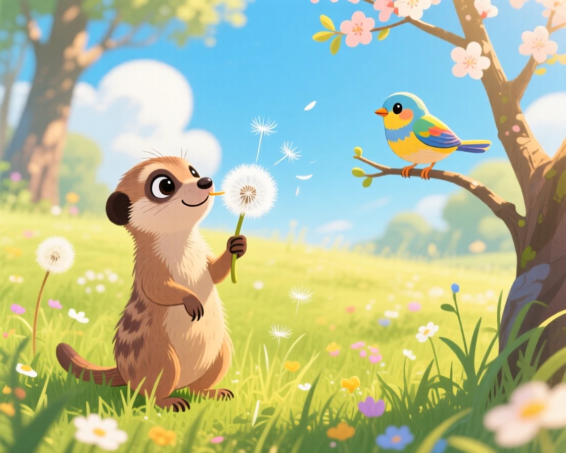 A alert meerkat is making a wish on a dandelion in a sunlit meadow, while a curious bird watches from a branch.