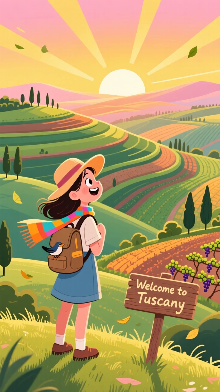 A traveler watching sunrise over the terraced hills of Tuscany.