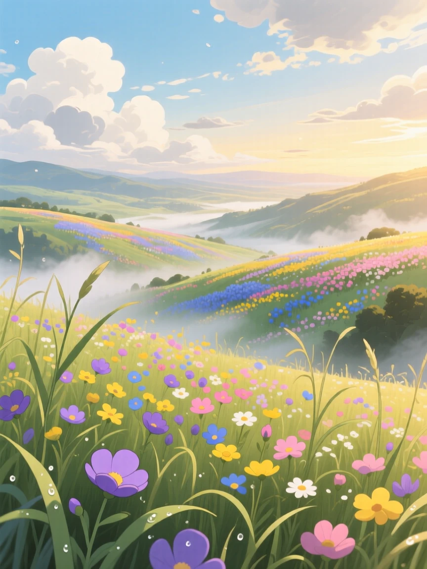 A breathtaking view of a sweeping valley carpeted in wildflowers, with wisps of morning mist clinging to the low ground, under a sky full of drifting clouds, seen through a gentle foreground of grass.