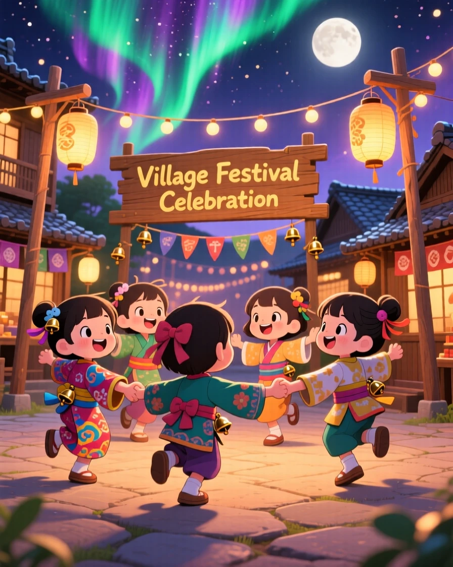 Three-quarter view: a group of children, dancing in a circle at a festival, set against a lantern-lit village square beneath swirling aurora-lit skies, with soft moonlight and a mood of proud determination.