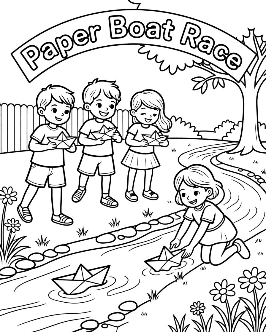 A group of kids racing paper boats down a garden stream