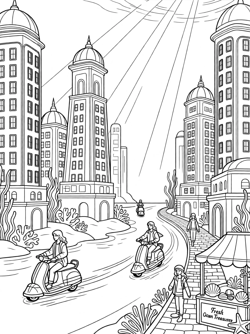 An underwater city with glowing windows and towers, with sunlight streaming down in golden shafts.