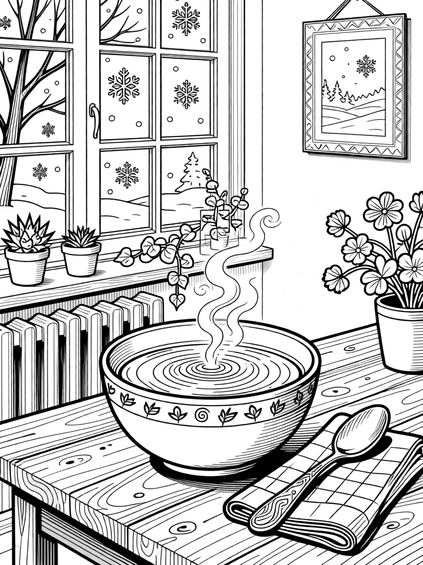 A steaming bowl of soup beside a window overlooking falling snow.