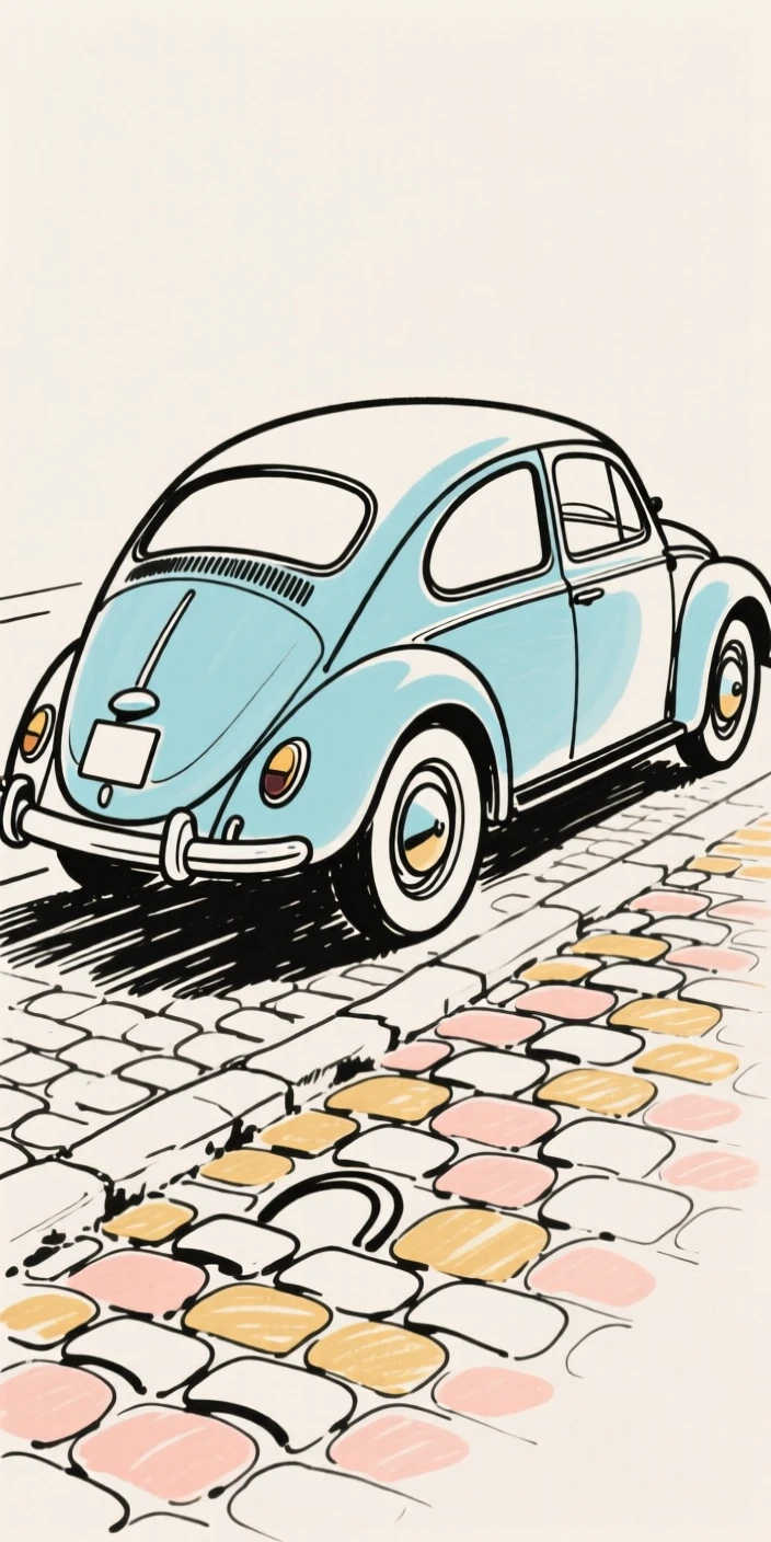 A vintage car parked on a cobblestone street