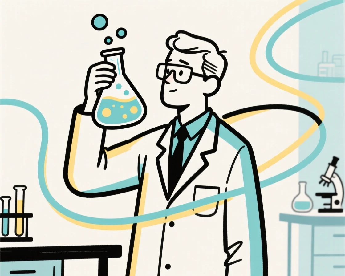 A scientist examining a bubbling beaker in a research laboratory.