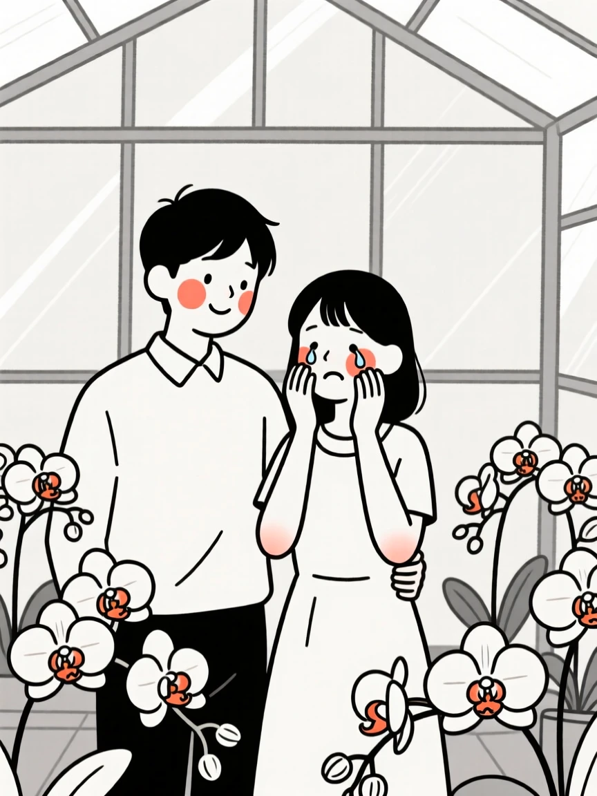 A young couple, holding back happy tears, in a greenhouse full of orchids.