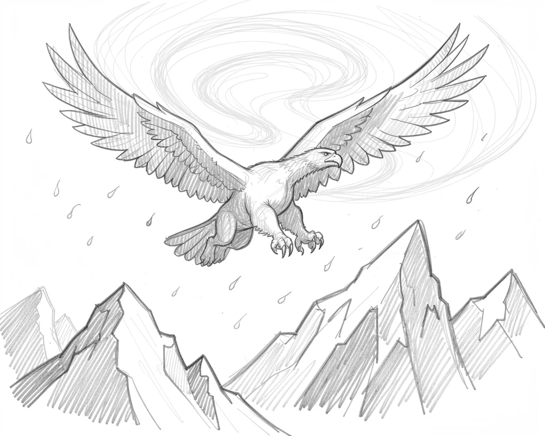 A griffin soaring over jagged mountain peaks, beneath a sky swirling with auroras, with embers drifting gently upward.
