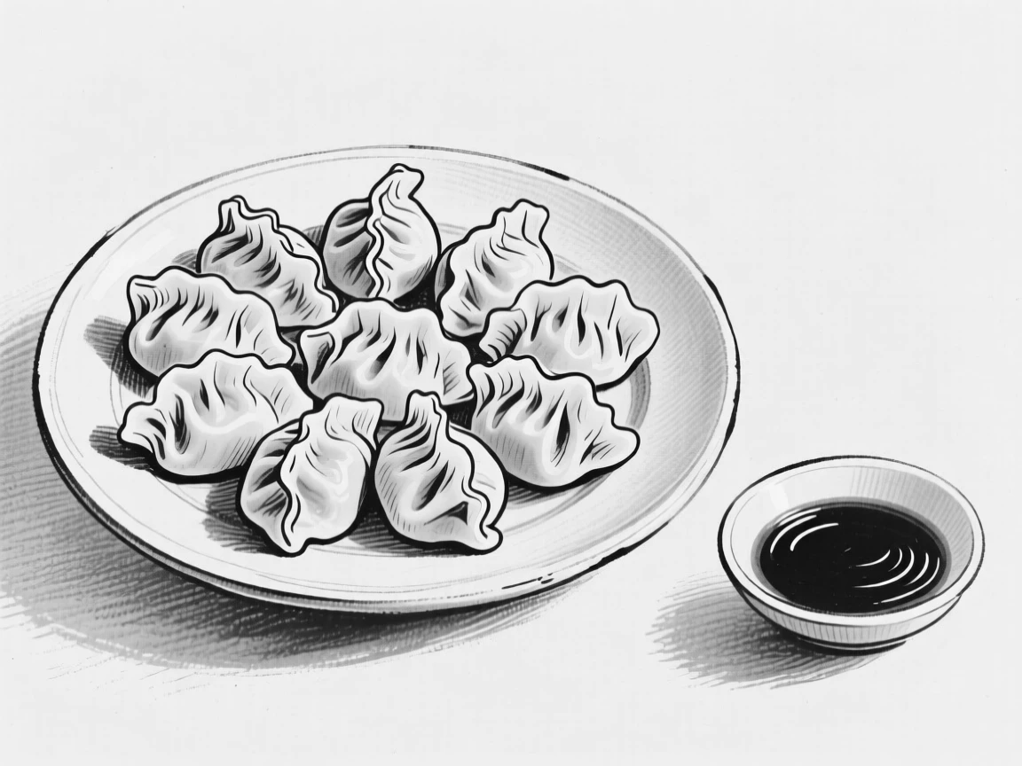 A plate of dumplings arranged neatly with a small dish of dipping sauce.