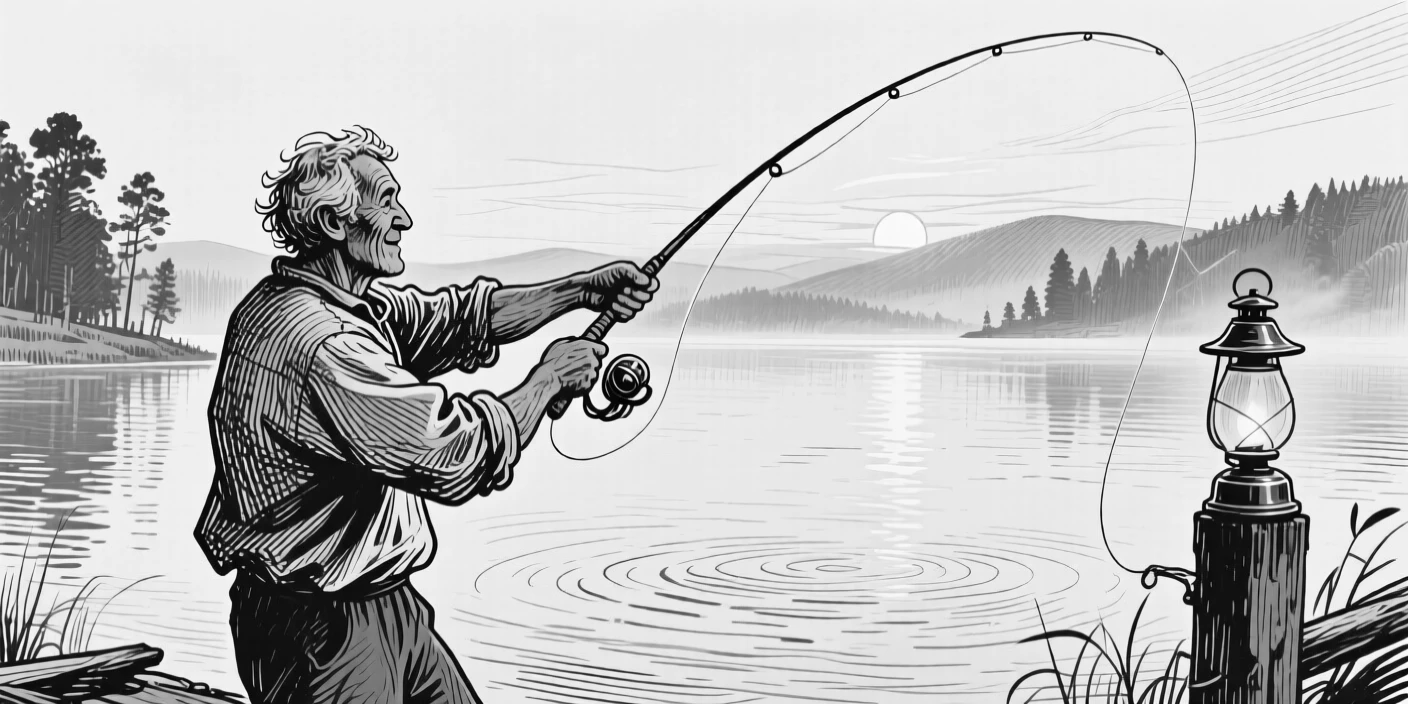 A fisherman casting a line at sunrise beside a tranquil lake at dawn, with the glow of a nearby lamp softening the scene, creating a joyfully nostalgic lifestyle scene.