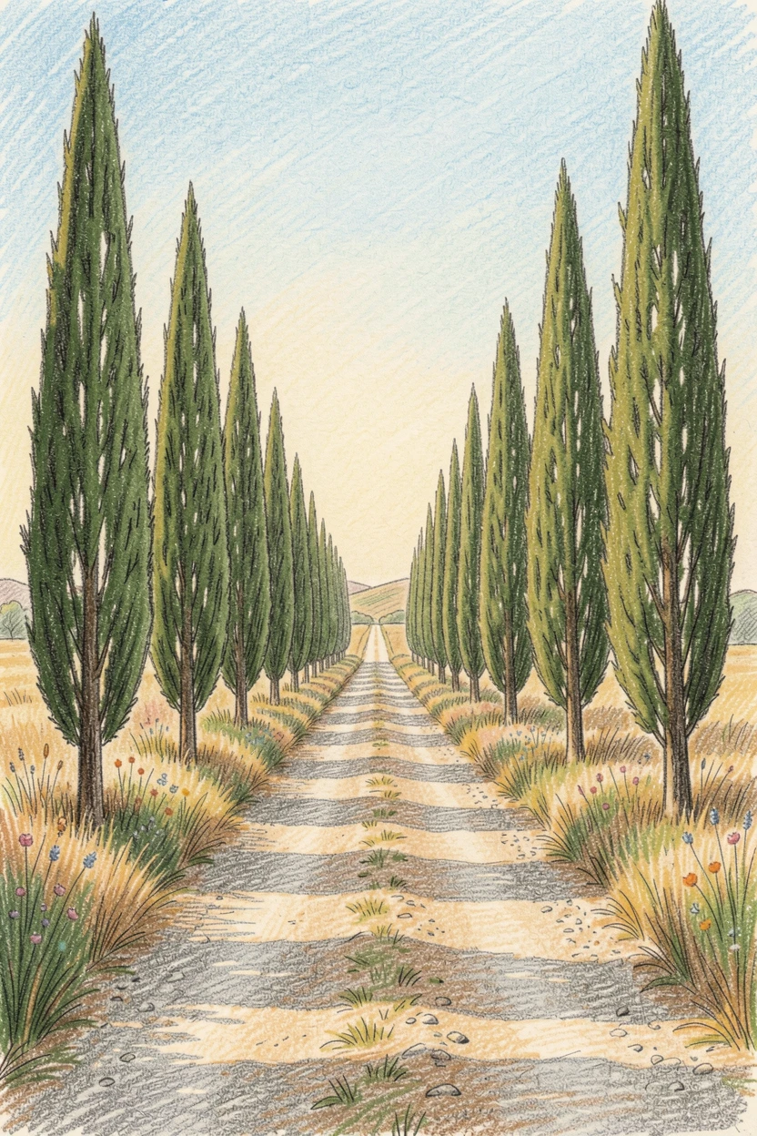 A Tuscan countryside road lined with cypress trees, with a gentle play of light and shadow across the composition, evoking warmth, beauty, and a lasting sense of wonder.