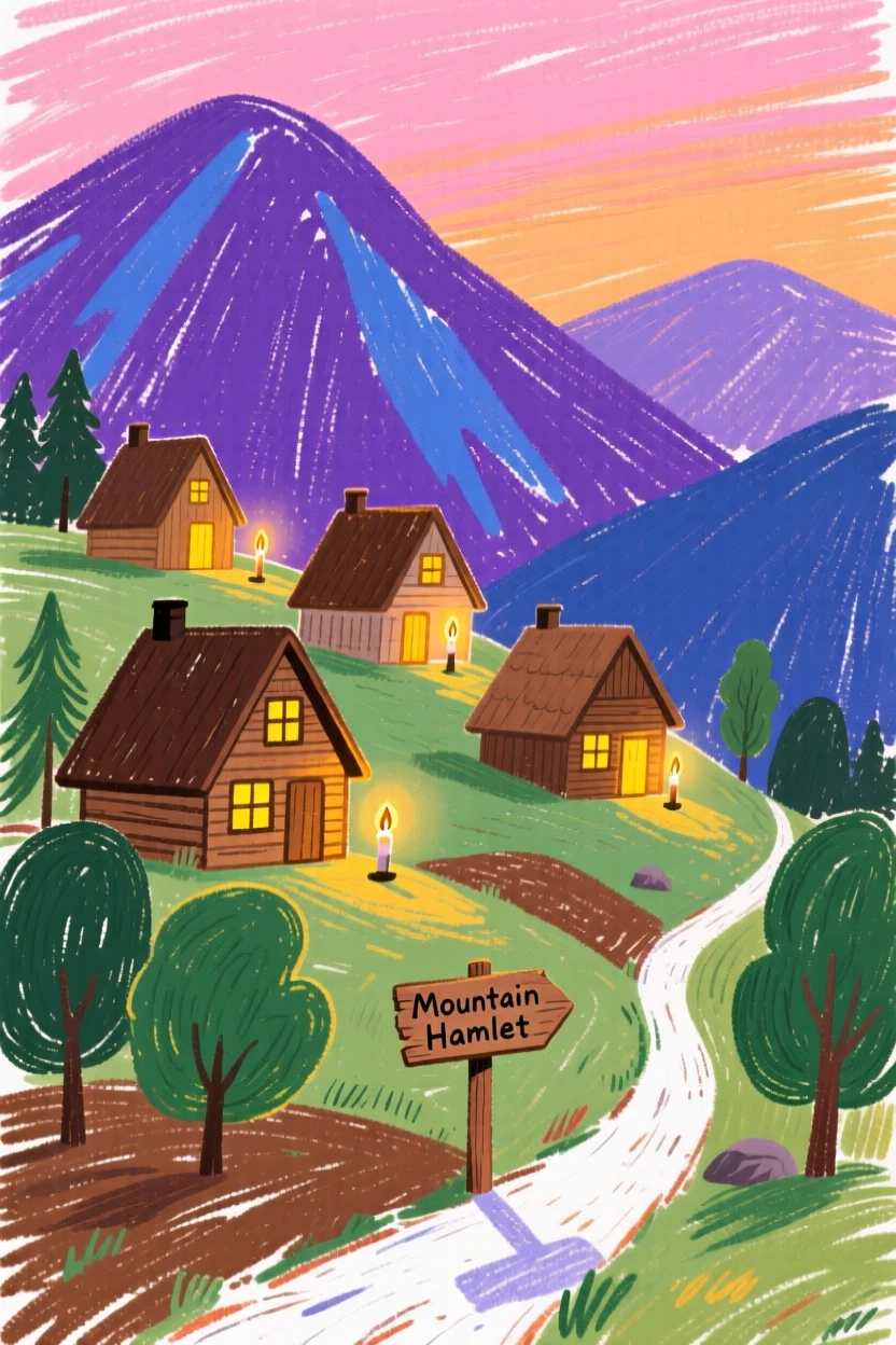 A view of a mountain hamlet glowing warmly as evening lights begin to switch on.