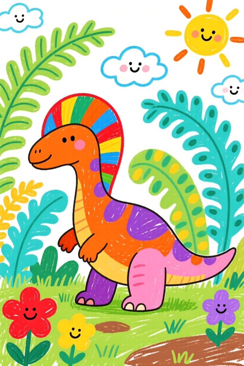A colorful parasaurolophus with a curved crest in a prehistoric jungle filled with giant ferns.