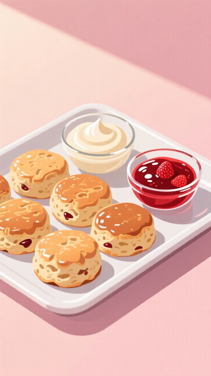 A tray of fresh baked scones with clotted cream and jam, set against a soft pastel backdrop, composed with soft natural light enhancing texture, with glossy highlights that make the dish look freshly made.