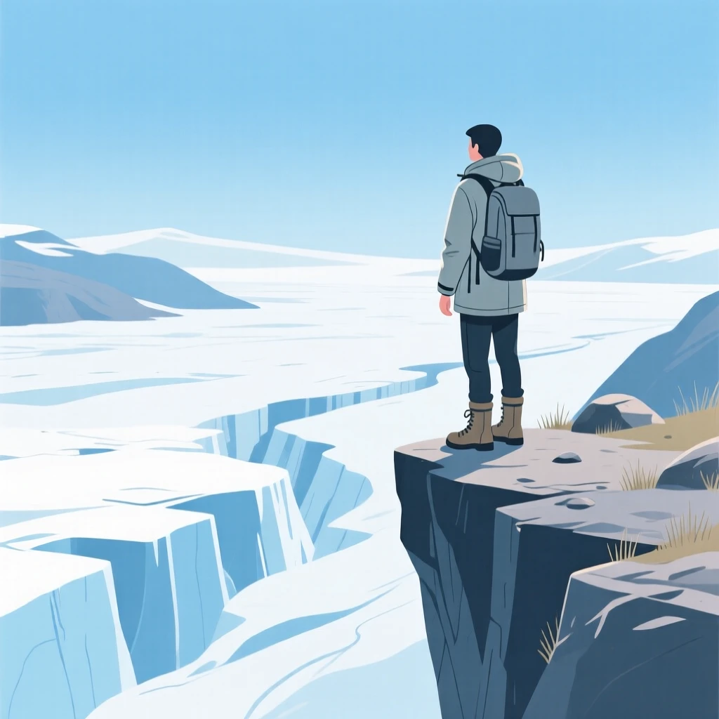 A traveler standing at the edge of a cliff overlooking a glacier valley.