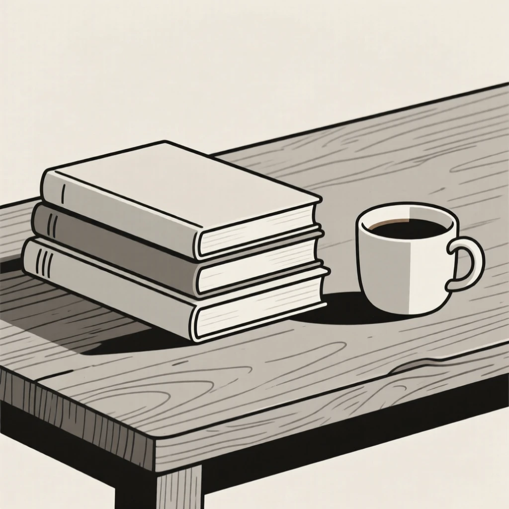 A stack of hardcover books resting on a weathered wooden desk, surrounded by a cup of coffee, evoking understated elegance.