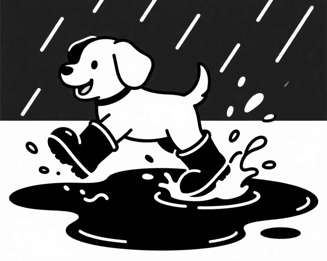A puppy wearing rain boots splashing in puddles.