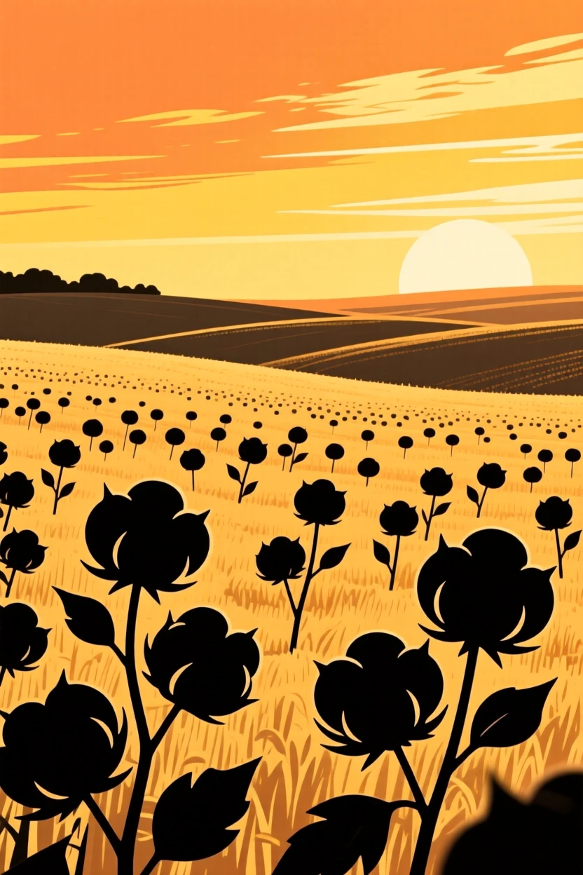 A wide field of cotton ready for harvest under a golden afternoon sky.