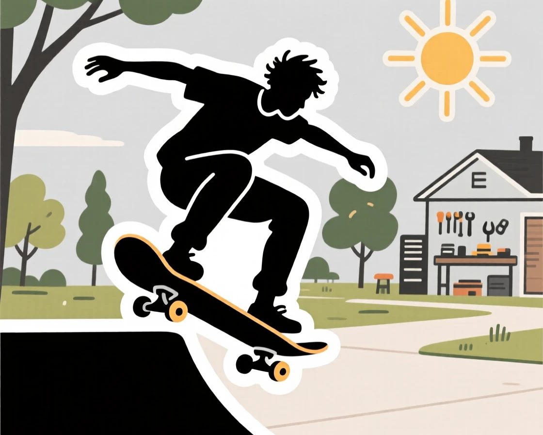 An intensely focused skateboarder doing a trick in a sunny park, captured mid-motion during their favorite activity, at a cozy neighborhood workshop.