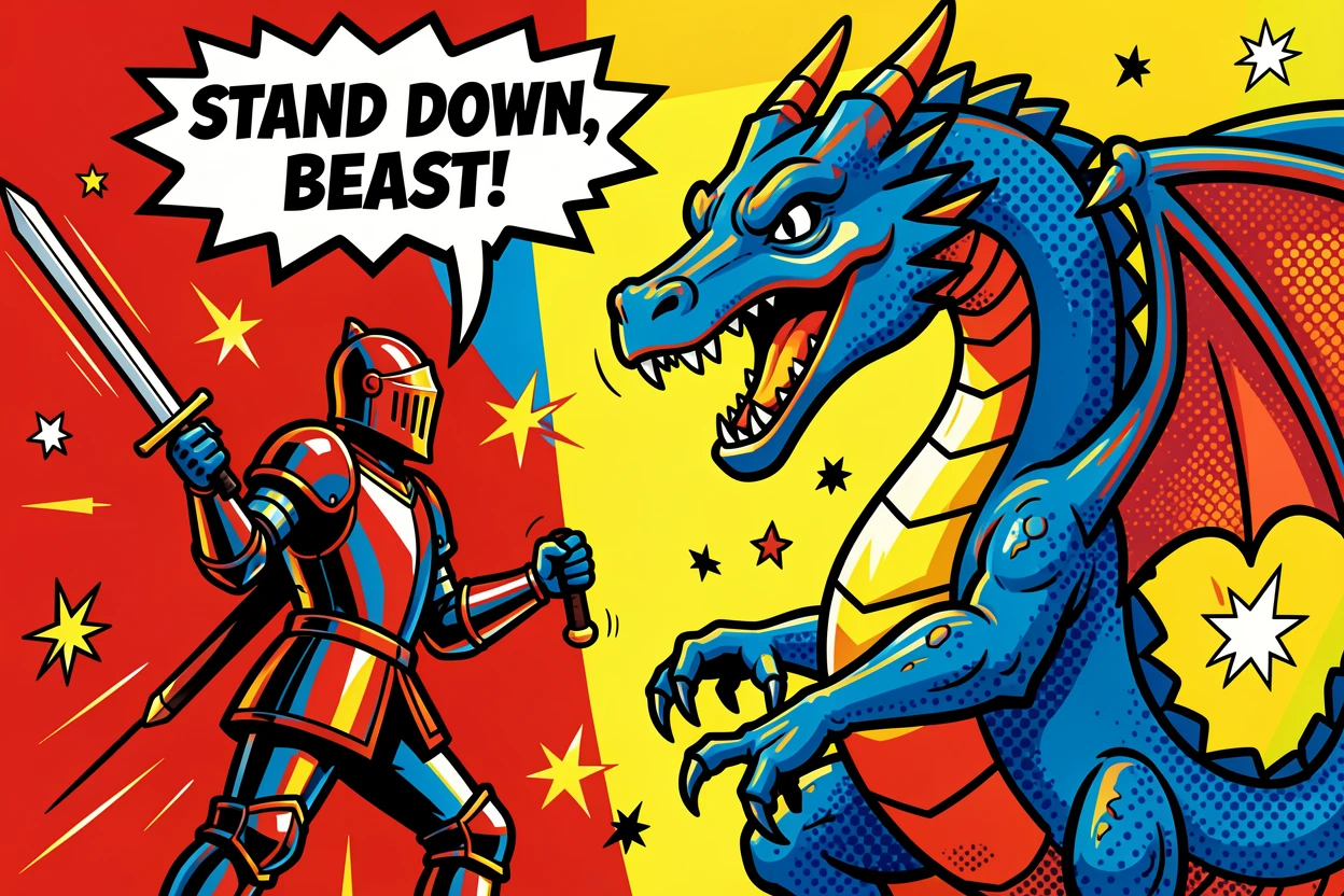 A knight in shining armor facing a towering dragon