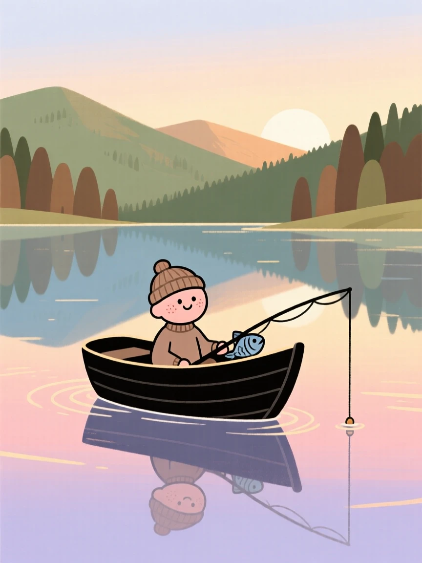 A lone fishing boat drifts across a glassy alpine lake as the first light of dawn stretches across the surface and forested hills rise in the distance.