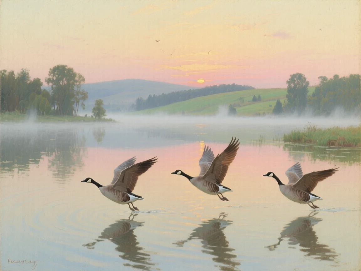 An expansive vista of wild geese landing on a still lake at first light, in a light morning mist, at the start of a humid summer.