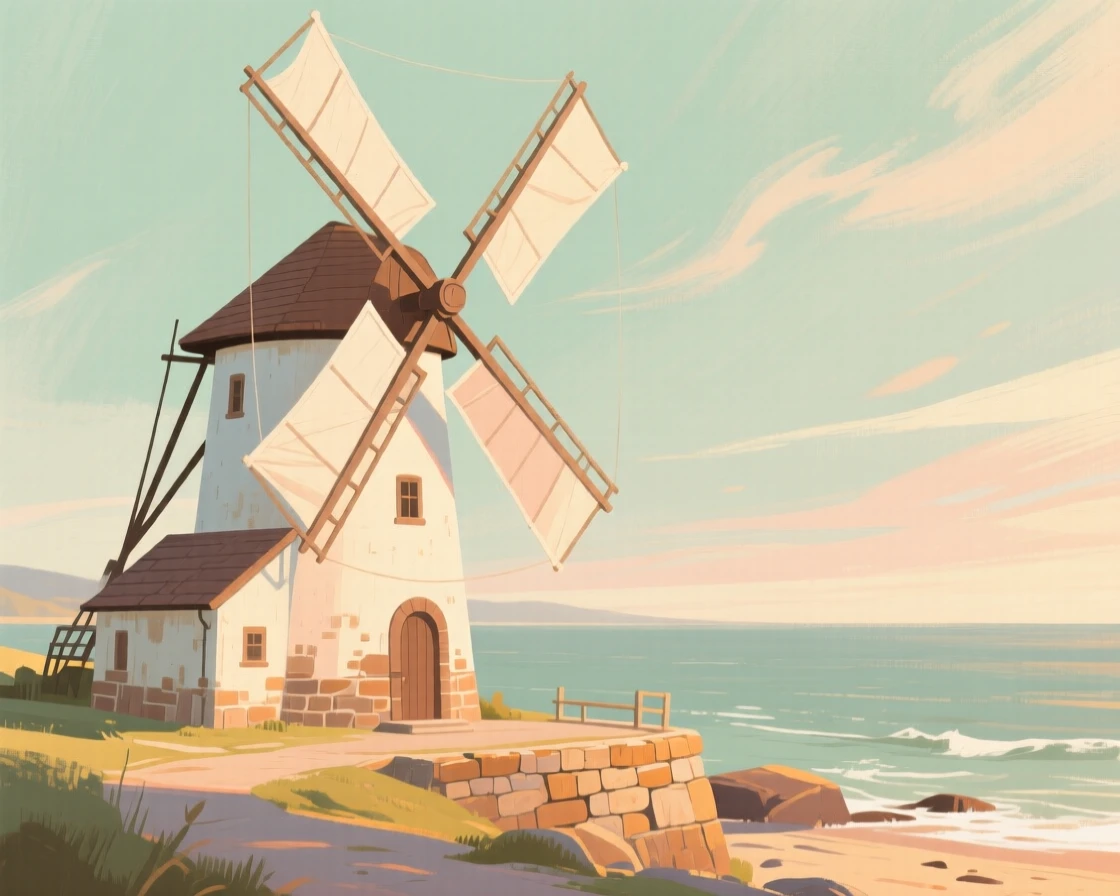 A windmill museum with sails turning slowly in a coastal breeze
