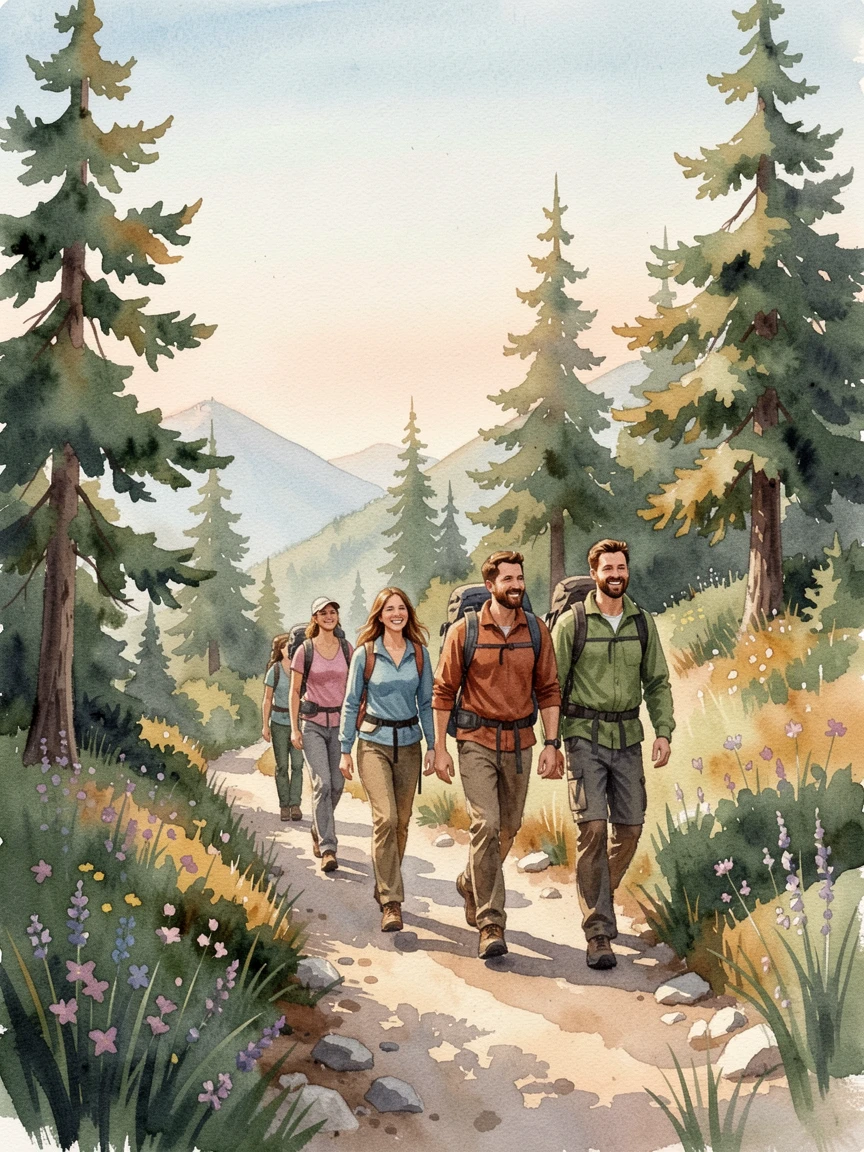 A group of friends hiking up a scenic mountain trail with warm smiles all around.