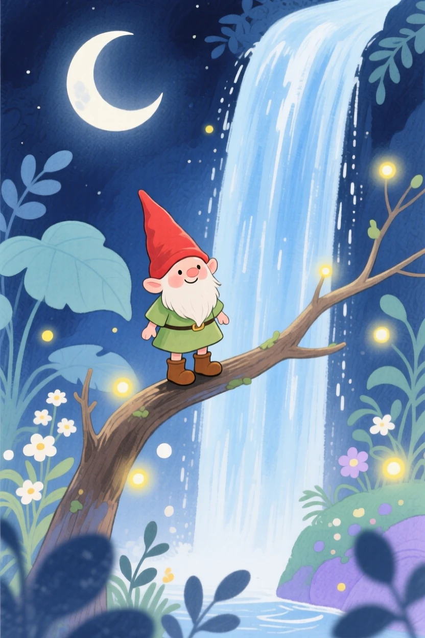 A tiny tiny gnome perches on a moonlit branch in a secret garden behind a waterfall, as tiny lights twinkle all around