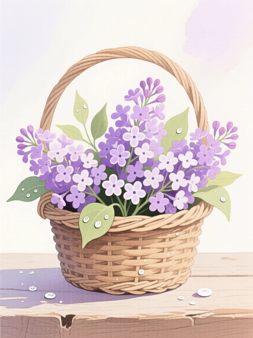A basket of freshly cut lilacs glistening with morning dew.